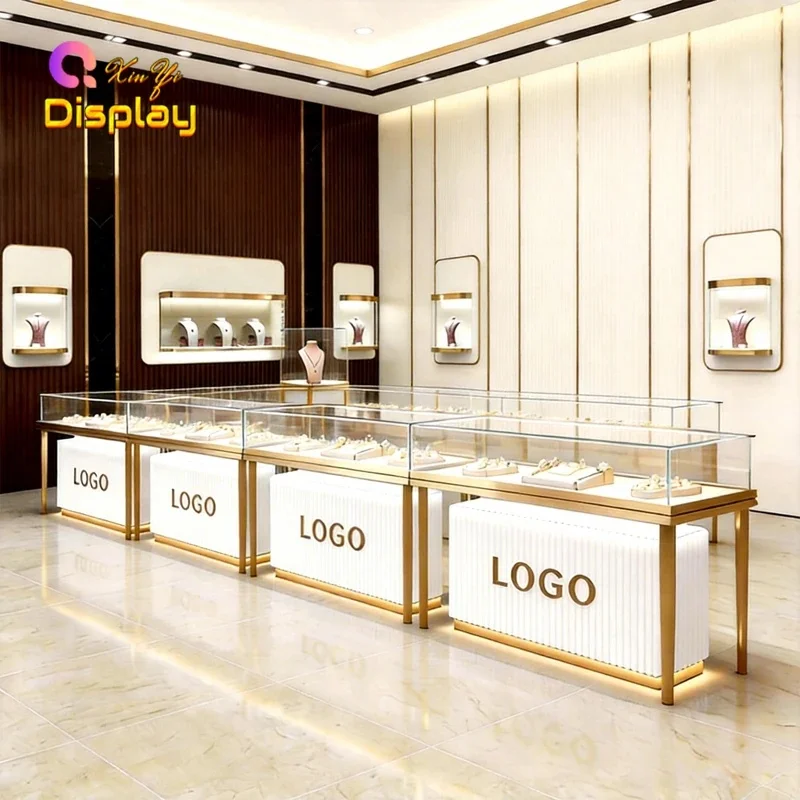 custom.High-end Mall Metal Jewelry Showcase Internal LED Spotlights Eco-Friendly Heavy Duty Retail Display Solution Bou