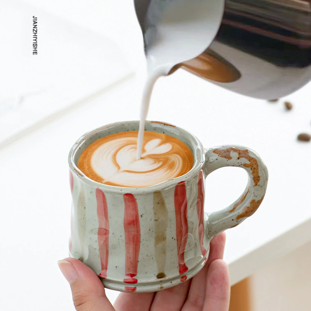 230ml Rough Pottery Coffee Stripe Mug Japanese High Profile Handcrafted Ceramic Cup for Home Use Simple Minimalist Water Mugs