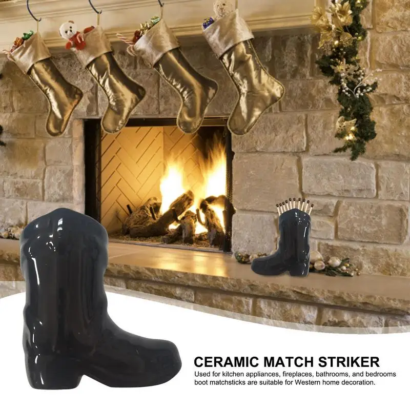 Creative Ceramic Match Holder Cowboy Boot Match Box With Igniter Boho Home Decor Cute Match Jar Candle Fireplace Kitchen Decor