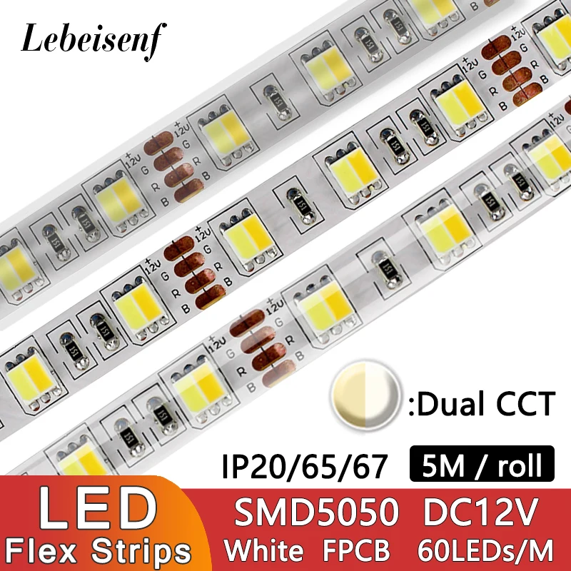 Taśma LED CCT 12V 24V DC 5050 SMD 60 lub 120 led/m podwójny kolor 2 w 1 ciepły/biały/neutralny pasek elastyczna lampa 3000K 4000K 6500K