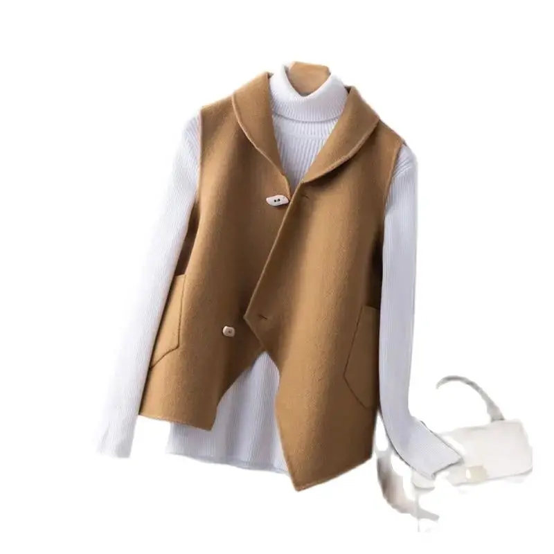 CAIXINGLE Irregular-Shaped Ladies' Vest 100% Pure Wool Lapel Sleeveless Cardigan Autumn and Winter New All-Matching Women's Top