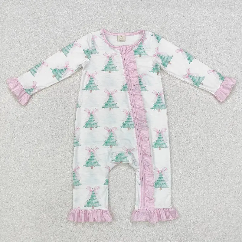 8.18y Baby Girls Bamboo Romper with Christmas Tree Bow Pattern Pink Lace White Zipper Long Sleeve Onesie for Wholesale Boutique