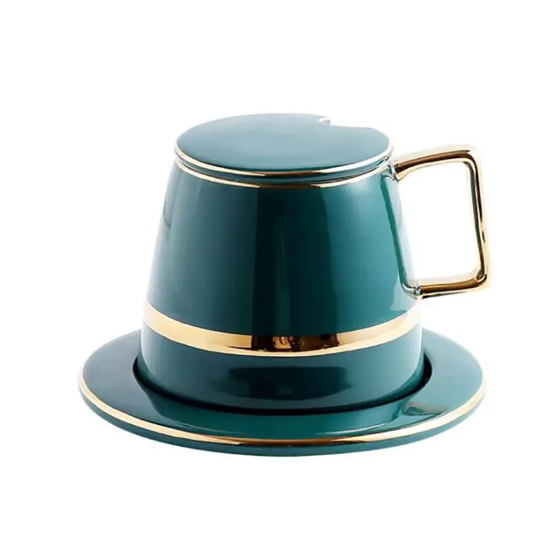 Gold Trim Green Porcelain Coffee Cups with Saucer, Lid, Mixing Spoon, for Drinks, Latte, Cafe Mocha Cappuccino and Tea - 450ml