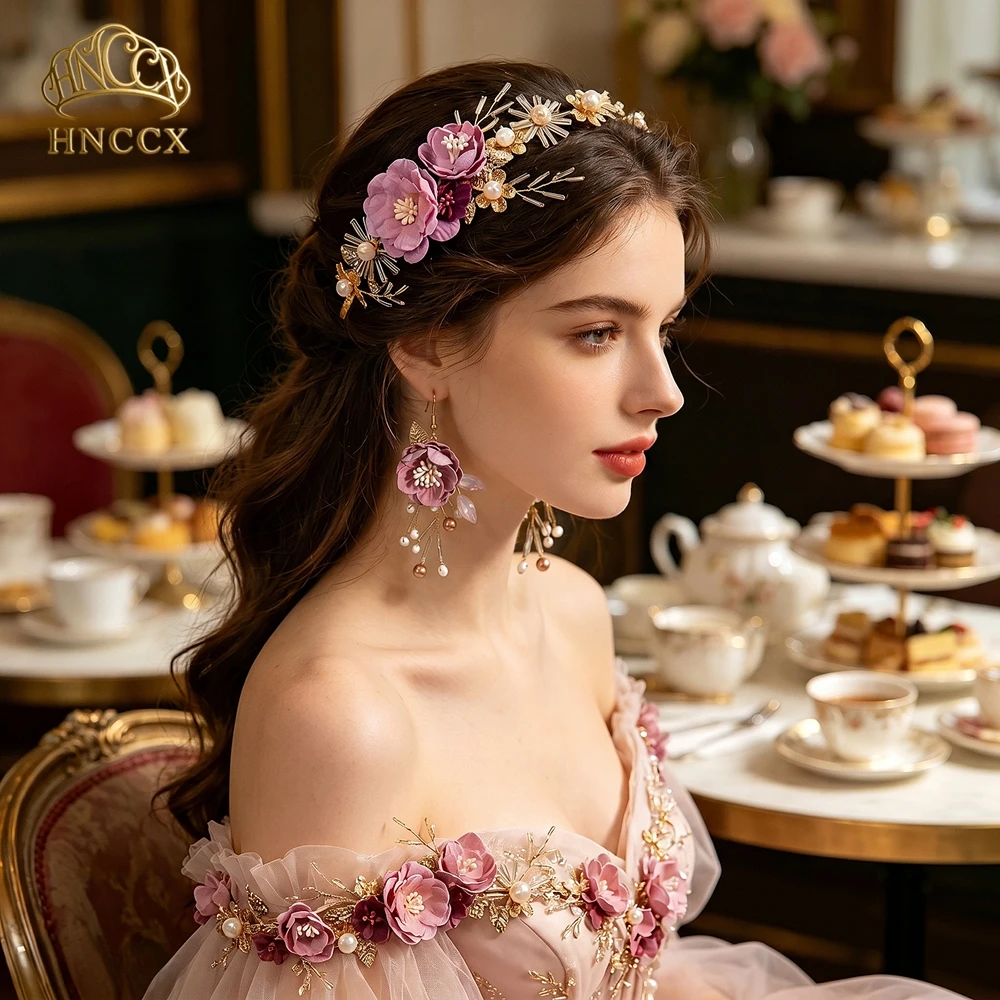 

HNCCX Bridal Purple Color Flower Headband Pearl Alloy Leaf Head Hoop Women Wedding Banquet Party Hair Accessories HP1013