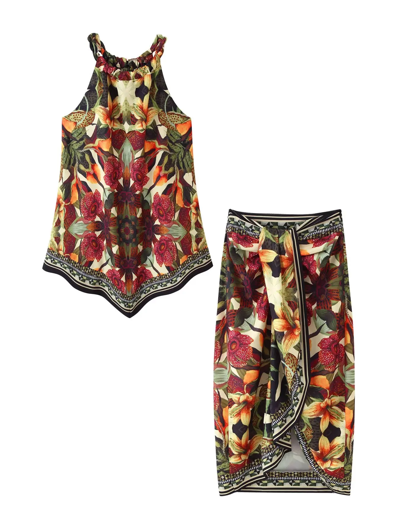 Women's Twist collar Floral Print Skirts Set  Halter Neck Sleeveless Top Irregular Hem Side Zipper Skirt Fashion Casual