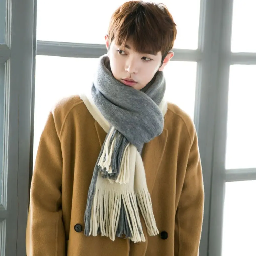 Korean Style Men Cashmere Scarf Windproof Thickened Long Wool Tassel Scarf Splicing Color Soft Winter Neckerchief Women/Male