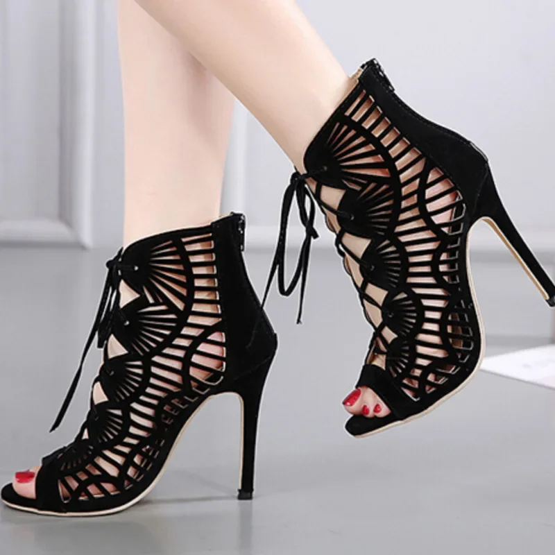 Women Sandals Flock Lace Up 12cm Thin Heels High Heels Peep Toe Cover Heel Women Shoes Sandalias Mujer 2023