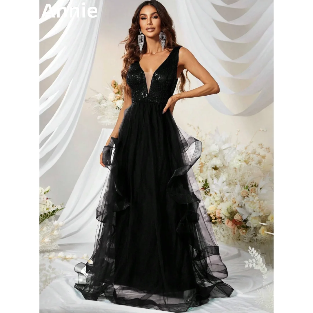 Annie Black V-neck Prom Dresses Luxury Sequined Tulle Evening Dresses A-Shape Elegant Wedding Party Dress فساتين سهرة