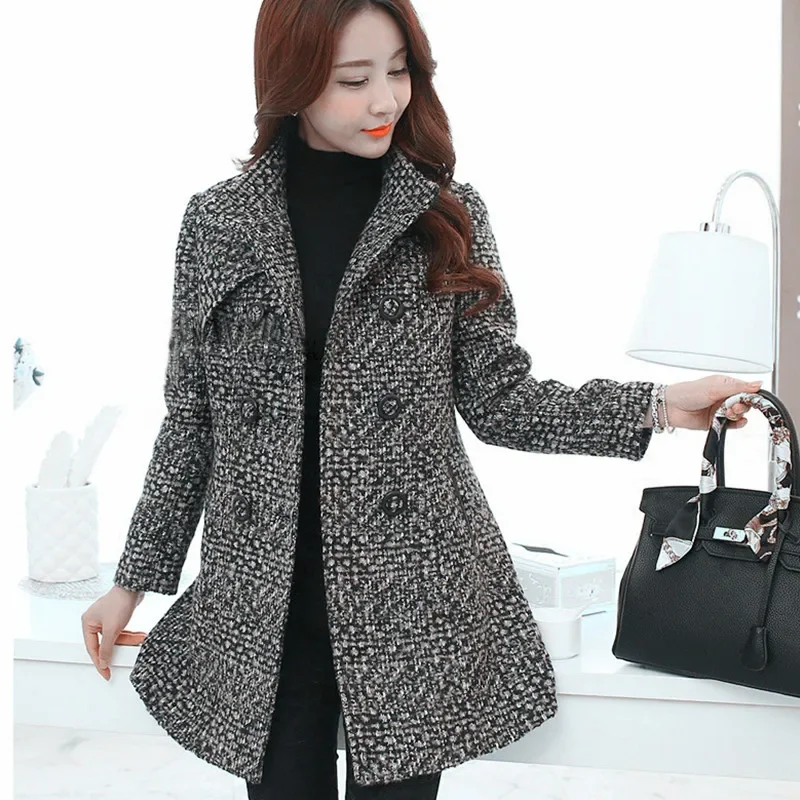 New Women\'s Wool Blends Coat Winter 2023 Autumn Fashion Elegant Mother Turtleneck Plaid Slim Long Tweed Woolen Outerwear Female