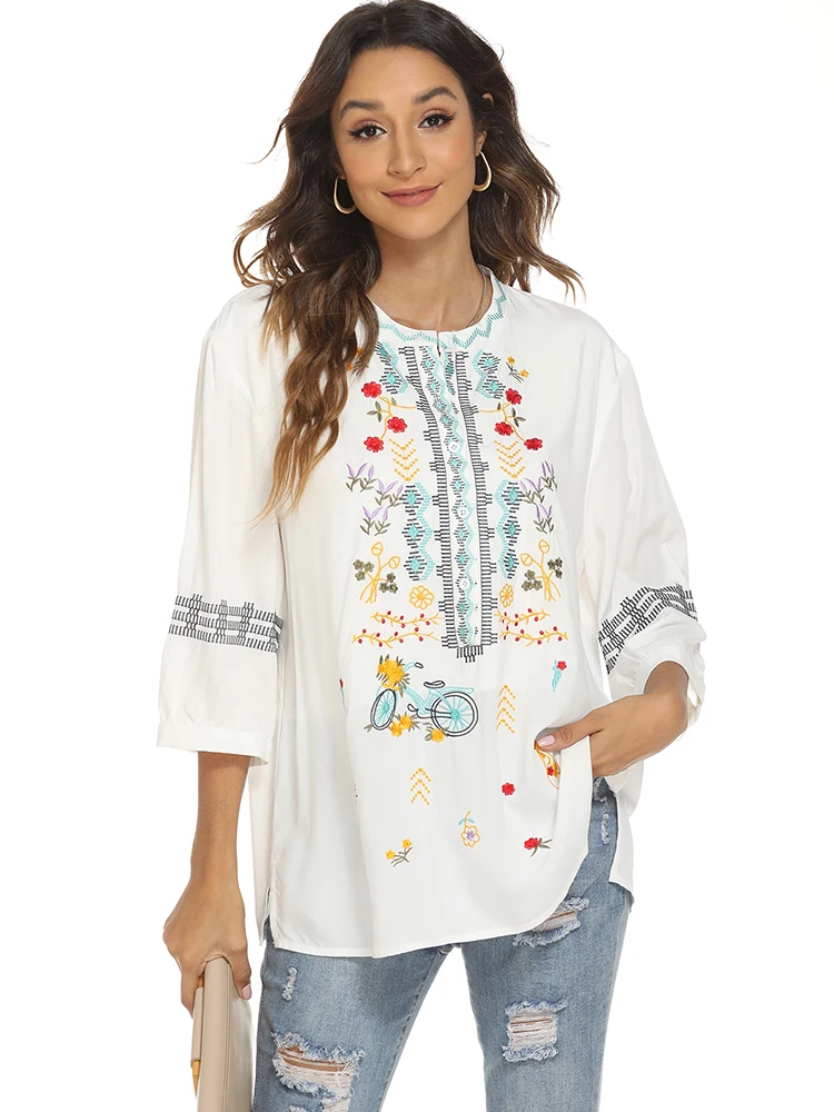 KHALEE YOSE – chemisier Boho brodé en coton blanc pour femme, Blouse Hippie Vintage, Chic, style ethnique, pour vacances, 23XL