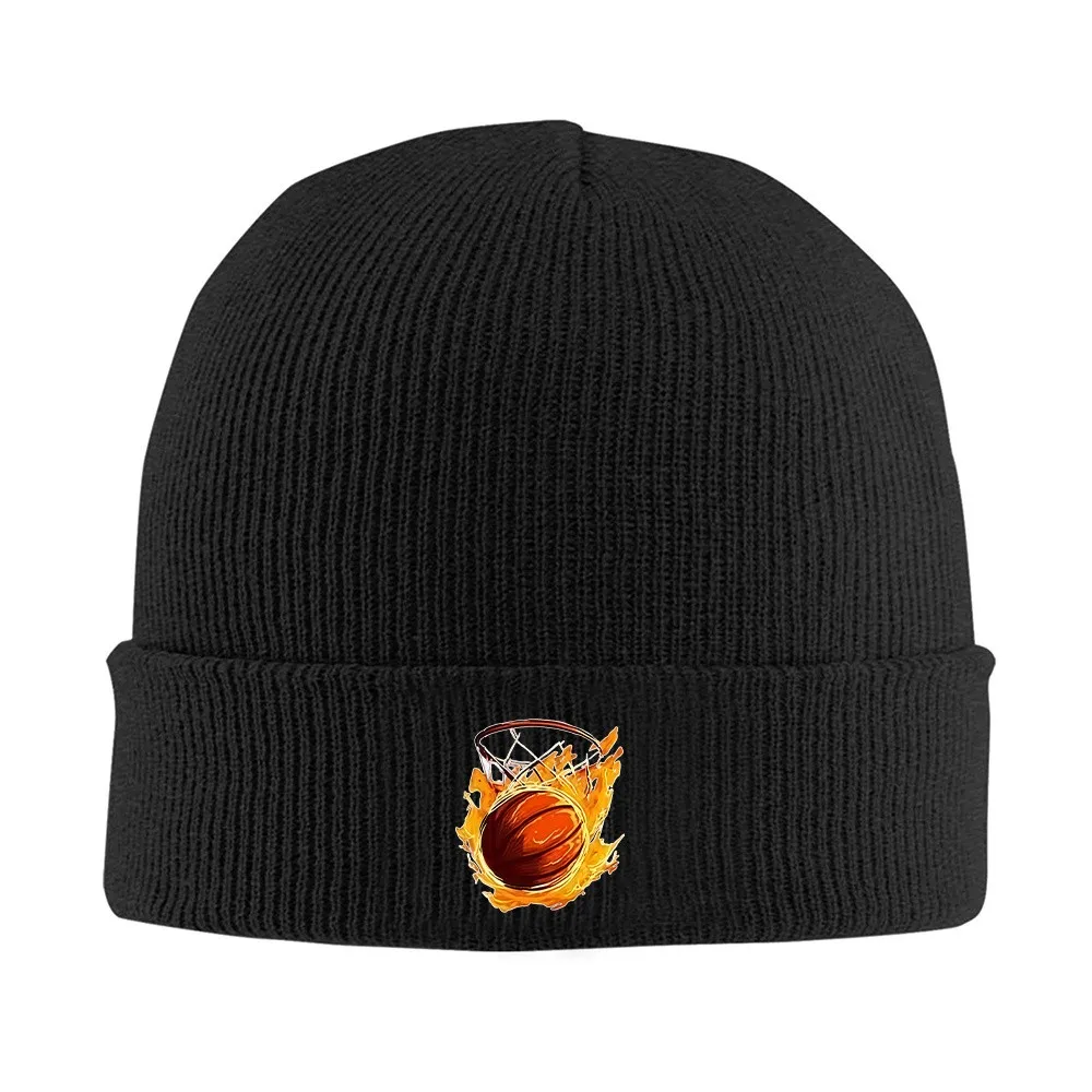 Basketball with Flames Hoop Knit Beanie, Stretchy Warm Daily Knitted Hat for Men and Women