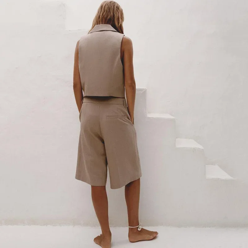 Camisola alças monocromática feminina, conjunto de shorts casual unissex, trespassado duplo, design francês, nova moda, verão