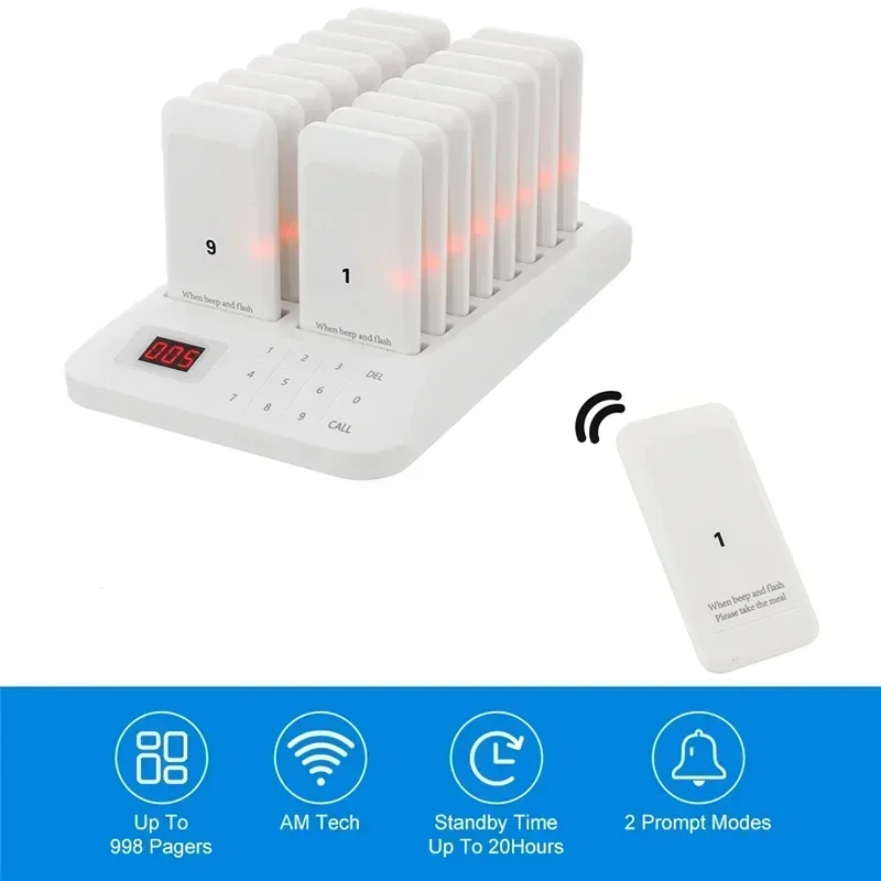 Pagers Wireless Calling System Buzzer Restaurant Bar 16 Pager Receiver with 1 Keypad Transmitter Guest Paging Cafe Coaster