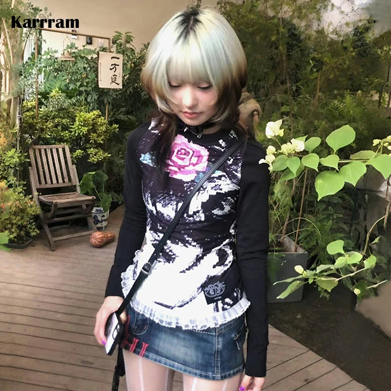 Karrram Japanese Y2k Anime Print T-shirt 2000s Aesthetics Long Sleeve Lace Patchwork Tops Vintage Harajuku Kawaii Lolita T Shirt