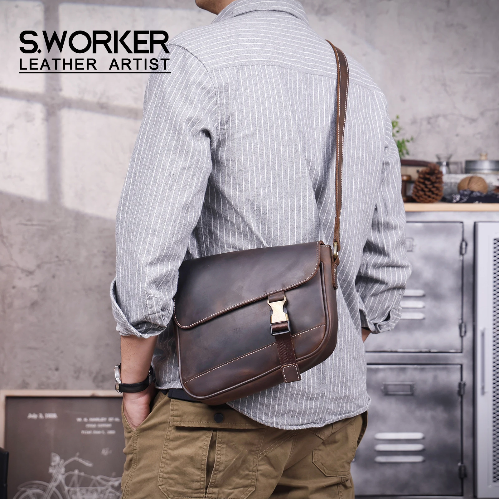S.WORKER Vintage Echtleder Herren-Umhängetasche, Lässige Crossbody-Tasche, Crazy Horse Leder Schultertasche, Handgefertigt – Detail 2