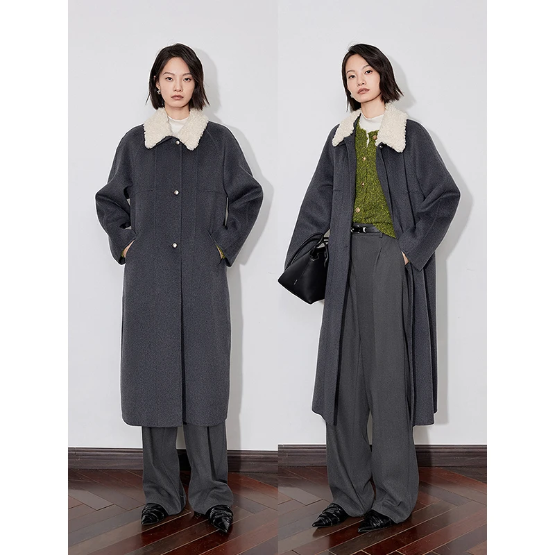 TOYOUTH Women Double Sided Woolen Coat 2024 Winter New Plush Lapel Collar Straight Long Coat