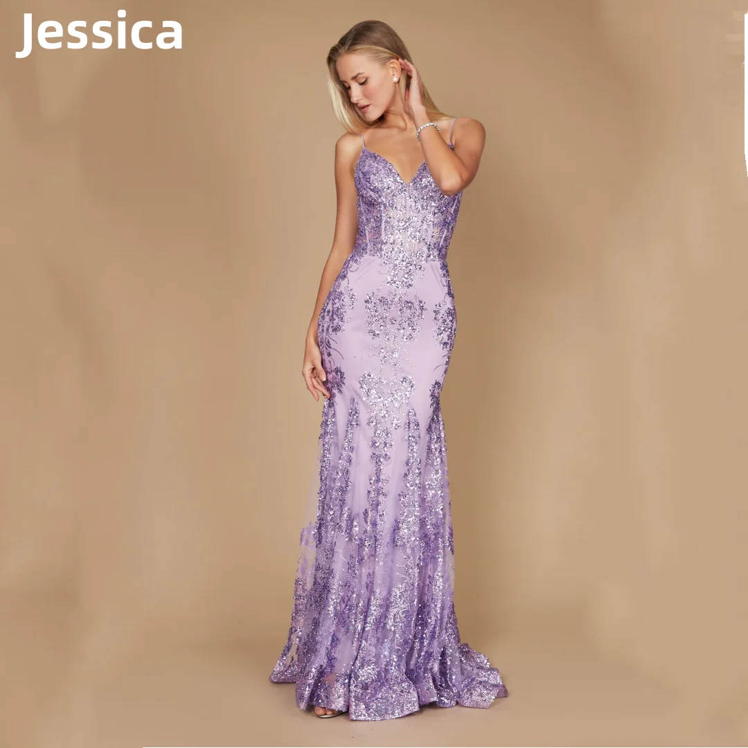 

Jessica Glitter Decal Prom Dress Elegant Lady Formal Evening Dresses Purple Luxury Prom Dresses Party Dresses Vestidos De Noche