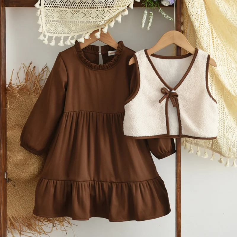 

Autumn and Winter New Melad Color Long Sleeve Dress with Beige Teddy Fleece Vest Two-Piece Set