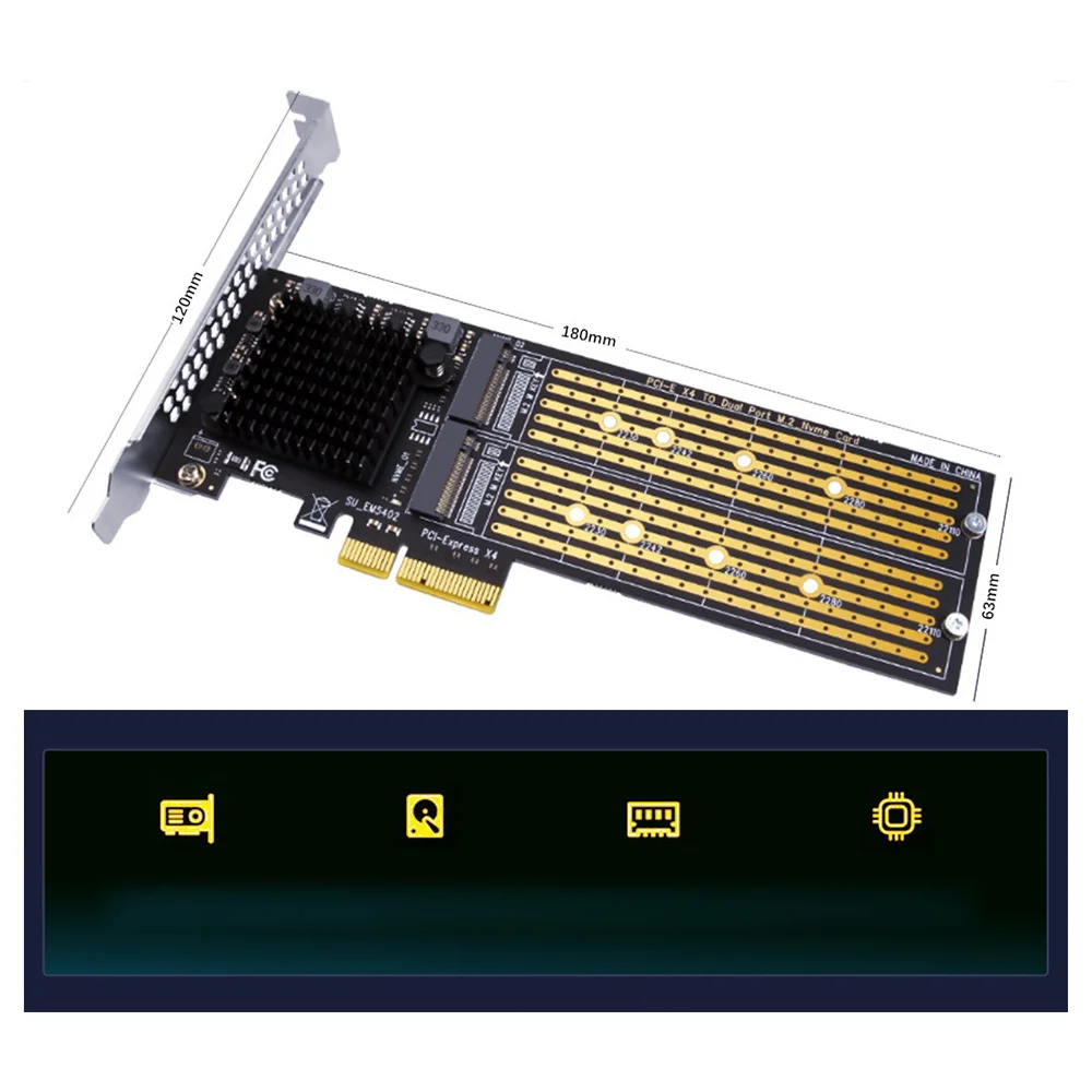 OUVU-SSU PCI-E X4 naar dubbele NVMe PCIe-adapter, M.2 NVMe SSD naar PCI-E X8/X16-kaart Ondersteuning M.2 (M-sleutel) NVMe SSD 22110/2280/2260/2242