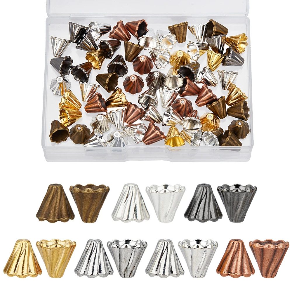 70pcs Cone Bead Caps Alloy Bead Caps 7 Colors Style Alloy Flower Cap Spacer Bead Tassel Ends Cap for Bracelet Necklace Earring