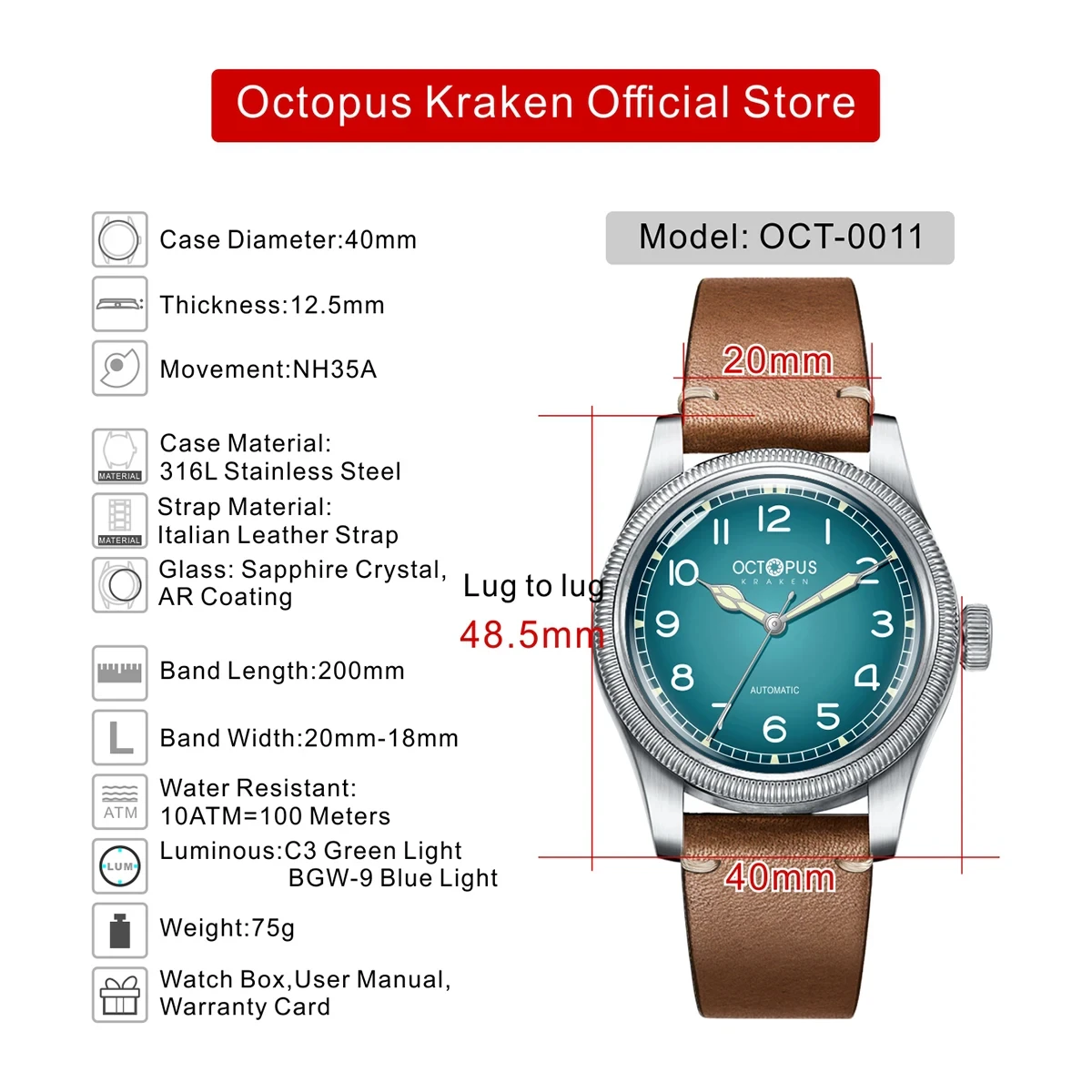 Octopus Kraken Pilot NH35 reloj mecánico automático para hombre, cristal de zafiro de lujo, brillo nocturno, 10bar, resistente al agua, reloj Retro