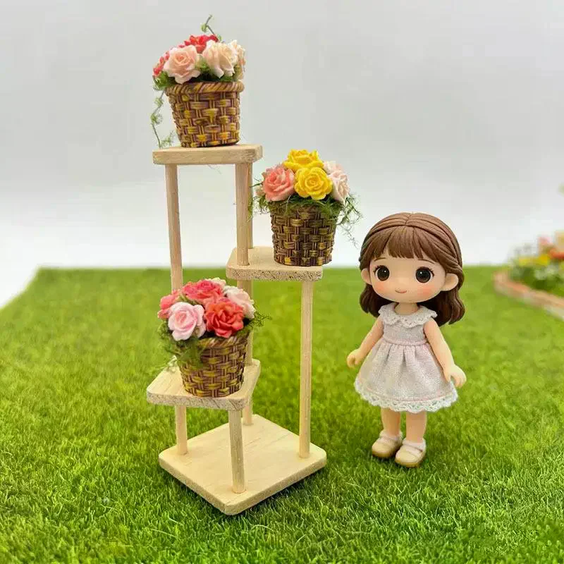 Mini Potted Flowers  Artifical Pot Basket Set Miniature Ornamental Decor for Dollhouse Mini Scenes