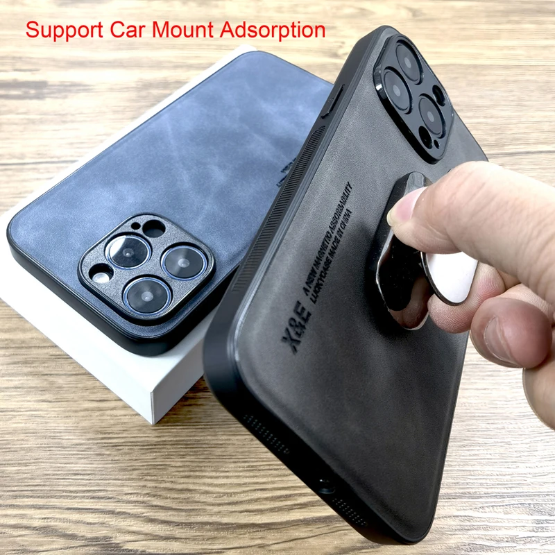 Leather Car Mount Magnetic Case For iPhone 16 15 14 13 12 11 Pro Max Mini X XR Plus 16Pro 15Pro 14Pro 13Pro Metal Plate In Cover