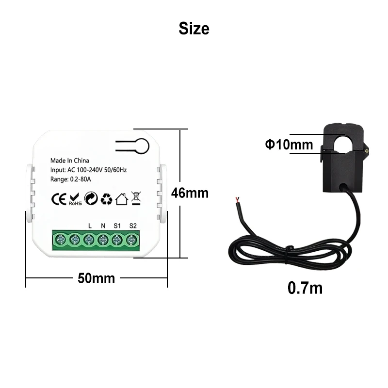 Tuya Smart Life WiFi Medidor de Energia Digital, 80A, Transformador de Corrente, Sensor, Grampo App, Monitor de Potência, DIY, 110V, 240V, 50Hz, 60Hz