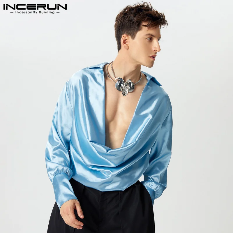 

Men Shirts Casual Stylish Style Tops INCERUN Men's Shirts Sexy Male Solid Color V Neck Long Sleeve Fashion Men Clothing 2025