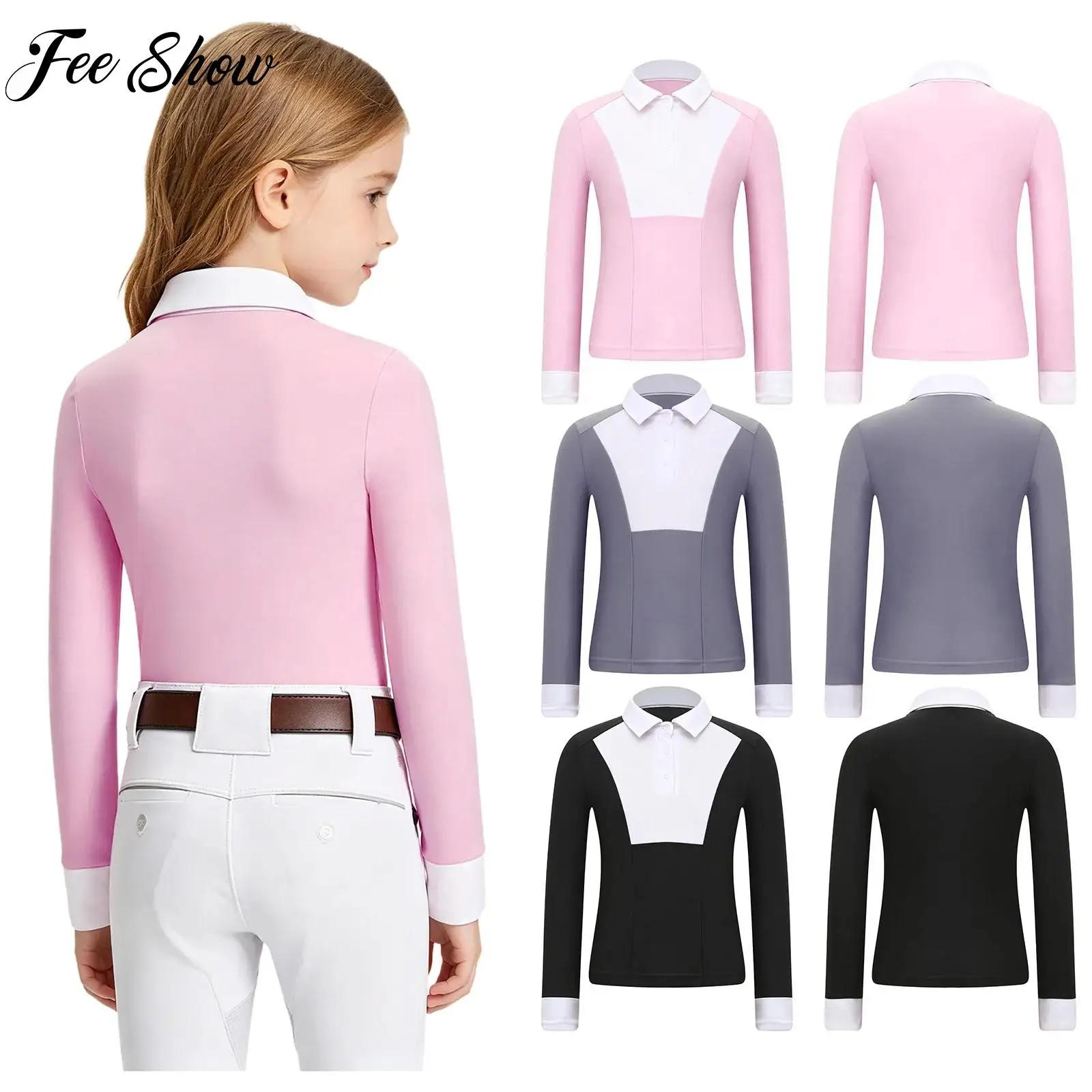 Girls Equestrian Sports Shirt Turn Down Collar Long Sleeve Buttons Closure Breathable Lightweight for Riding Performance