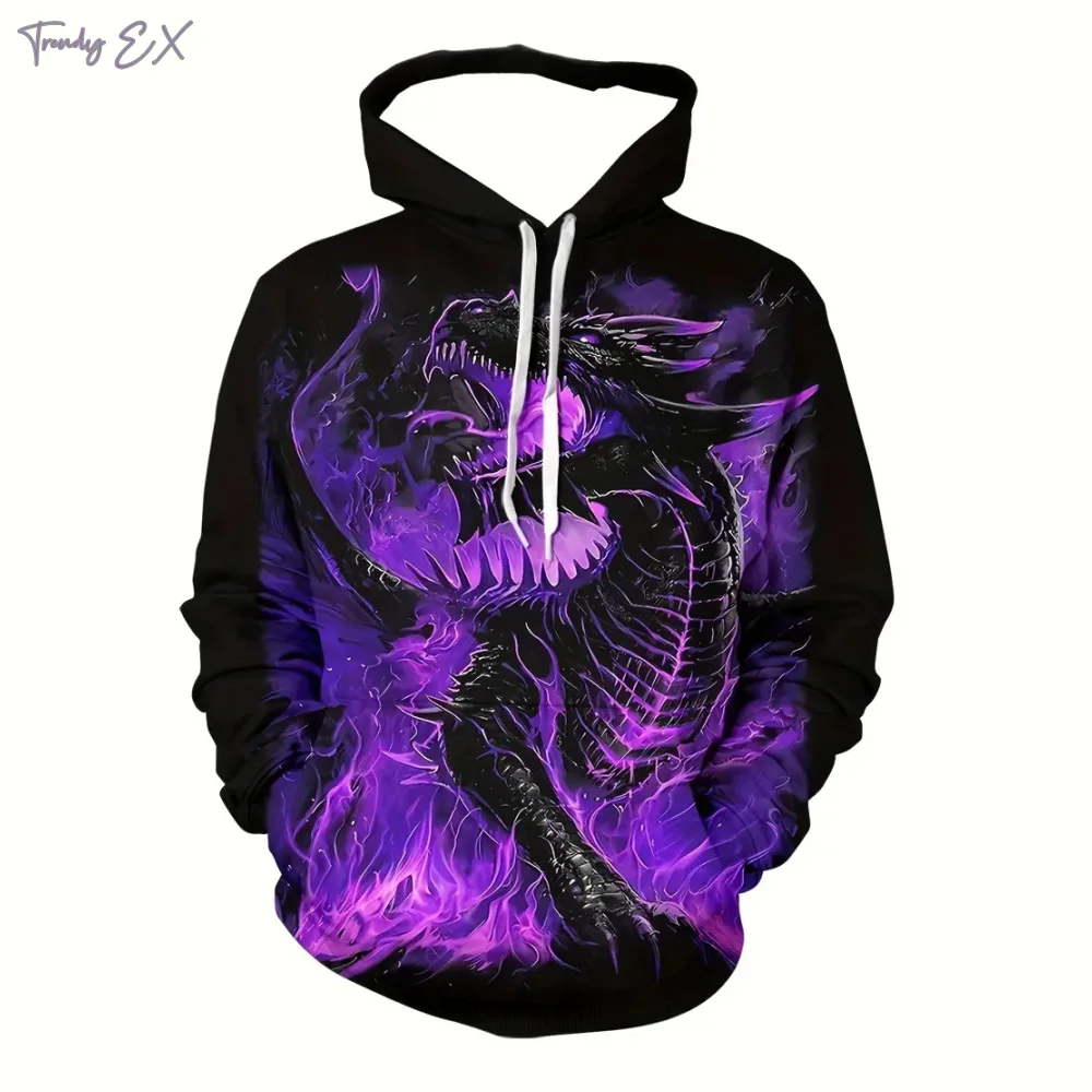 Nowa bluza 3D Purple Flame Dragon Graphic ze sznurkiem Pullover Hoodies Harajuku Kangaroo Pocket Long Sleeve Men Clothes