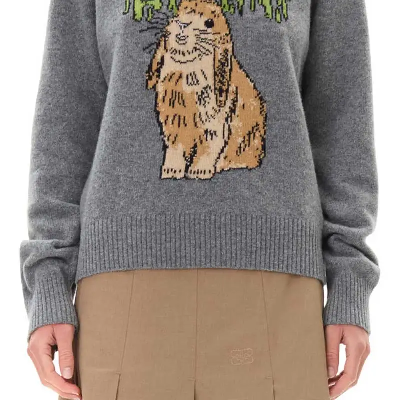 

GREY GRAPHIC BUNNY O-NECK PULLOVER long sleeve wool sweater women high quality new jumper female warm