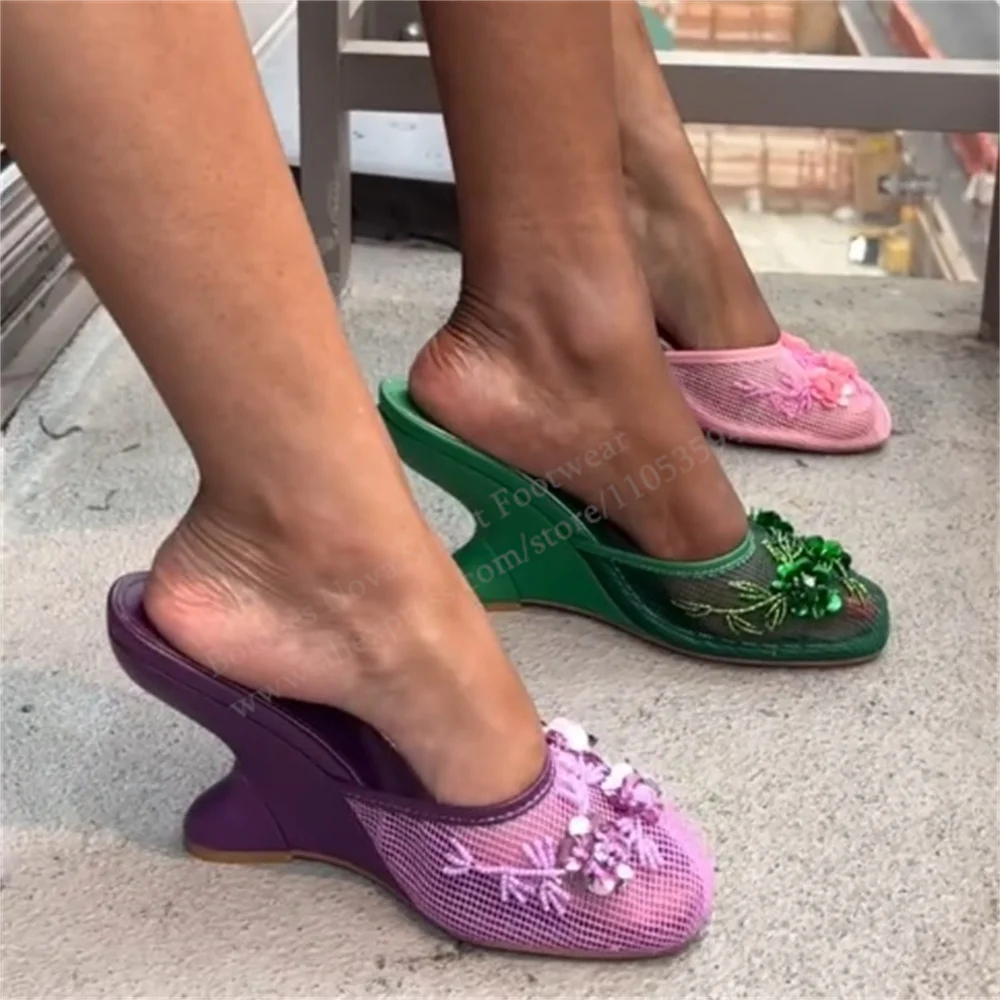 

Зеленые кристальные мюли на необычном каблуке, летняя новинка 2026 года, с круглым носком, на высоком каблуке, с ремешком сзади, для пляжа и отпуска, модные туфли для девушек