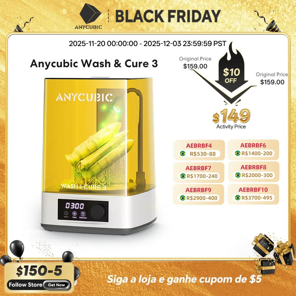 Anycúbico lavagem & cura 3 modelo impresso máquina de lavar e cura tamanho de limpeza 165*100*165mm para impressora 3d de resina lcd sla