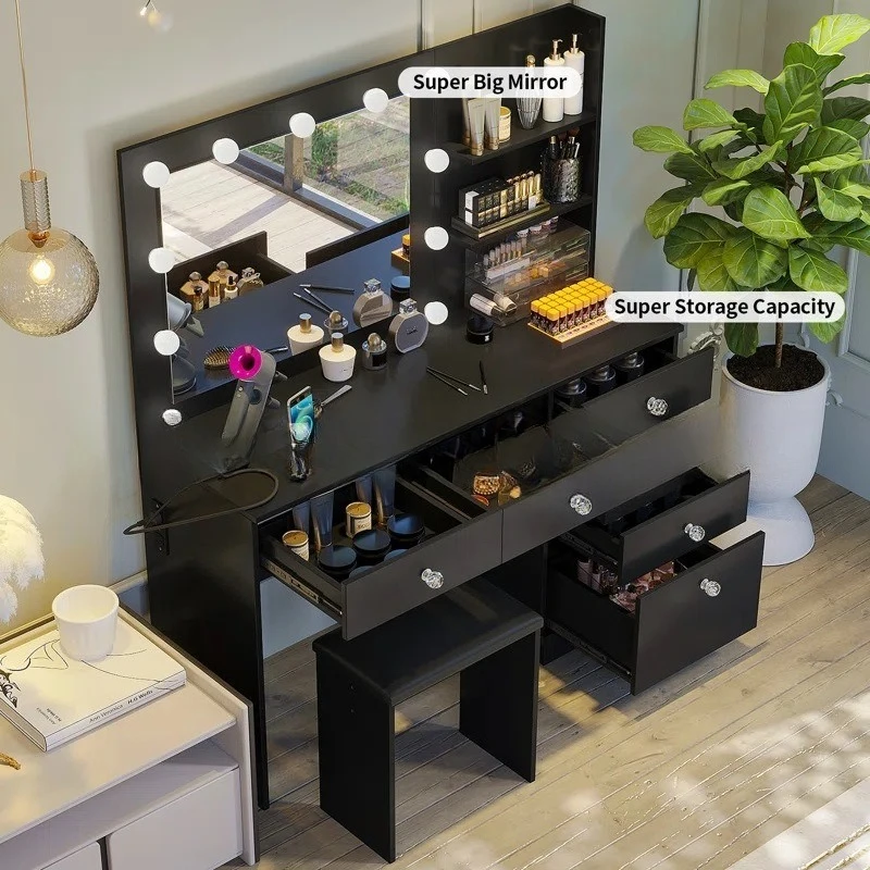 Simple and modern Hollywood Internet celebrity with lamp mirror dressing table, chest cabinet integrated makeup table