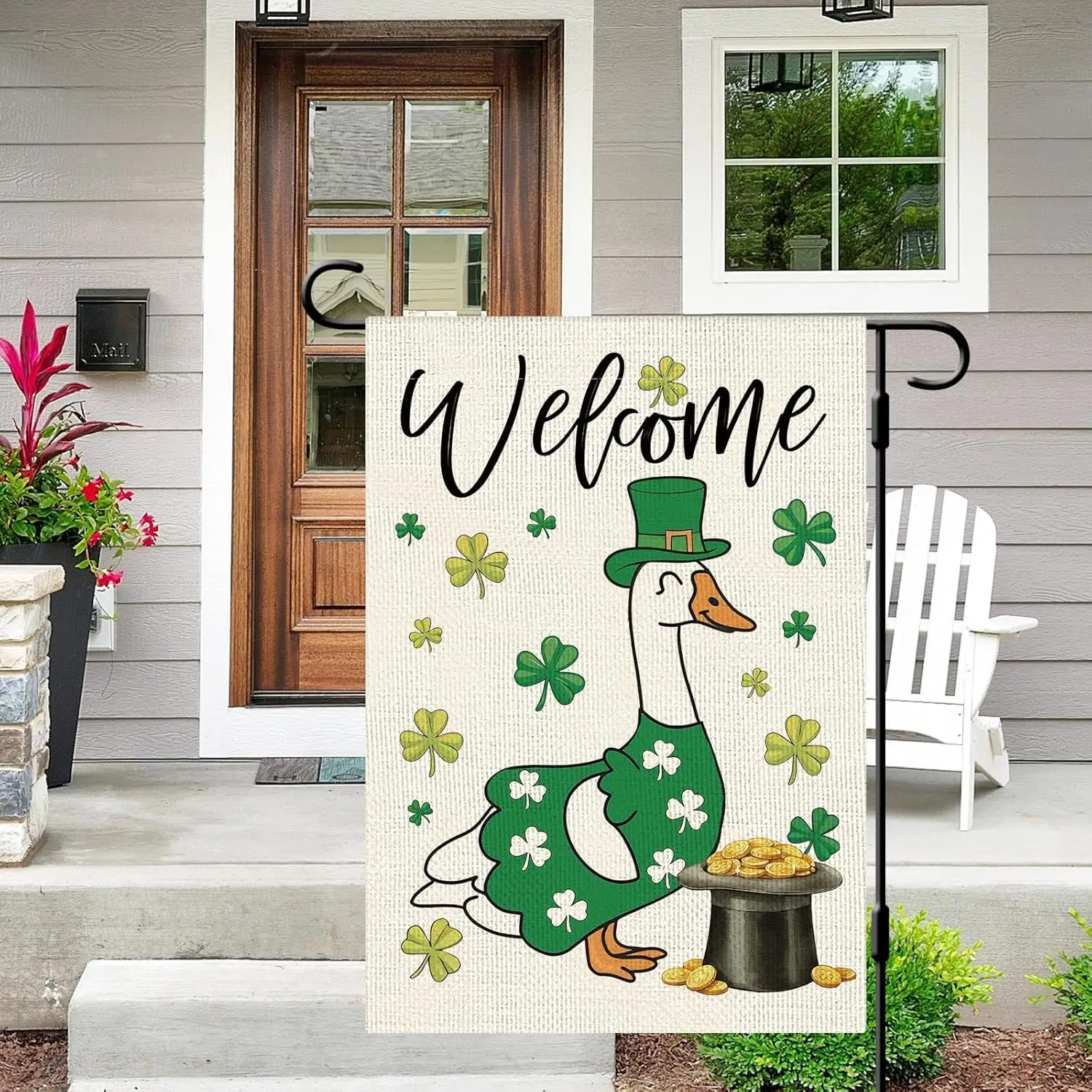 DLZDN Welcome St Patricks Day Goose Garden Flag Shamrocks Clovers Flag 12×18 Inch Double Side Vertical Burlap Farmhouse Yard EEZ