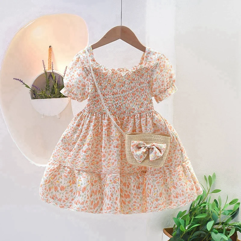 Cute Floral Patter Pettiskirt for Kids Girls Summer Fashion Dress with Shoulder Bags for Sweet Princess Children Casual Dress