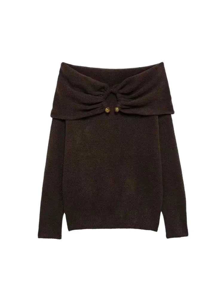 

Autumn New Women Off-the-Shoulder Knit Sweater Straight Neck Long Sleeve Pullover Fashion Chic Female Tops