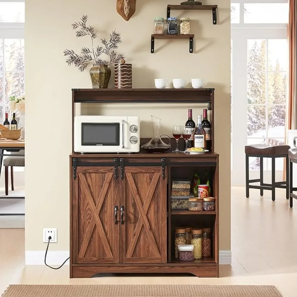 Farmhouse Coffee Bar Cabinet with Charging Station and USB Ports,Sliding Barn Door, Kitchen Hutch Sideboard Buffet