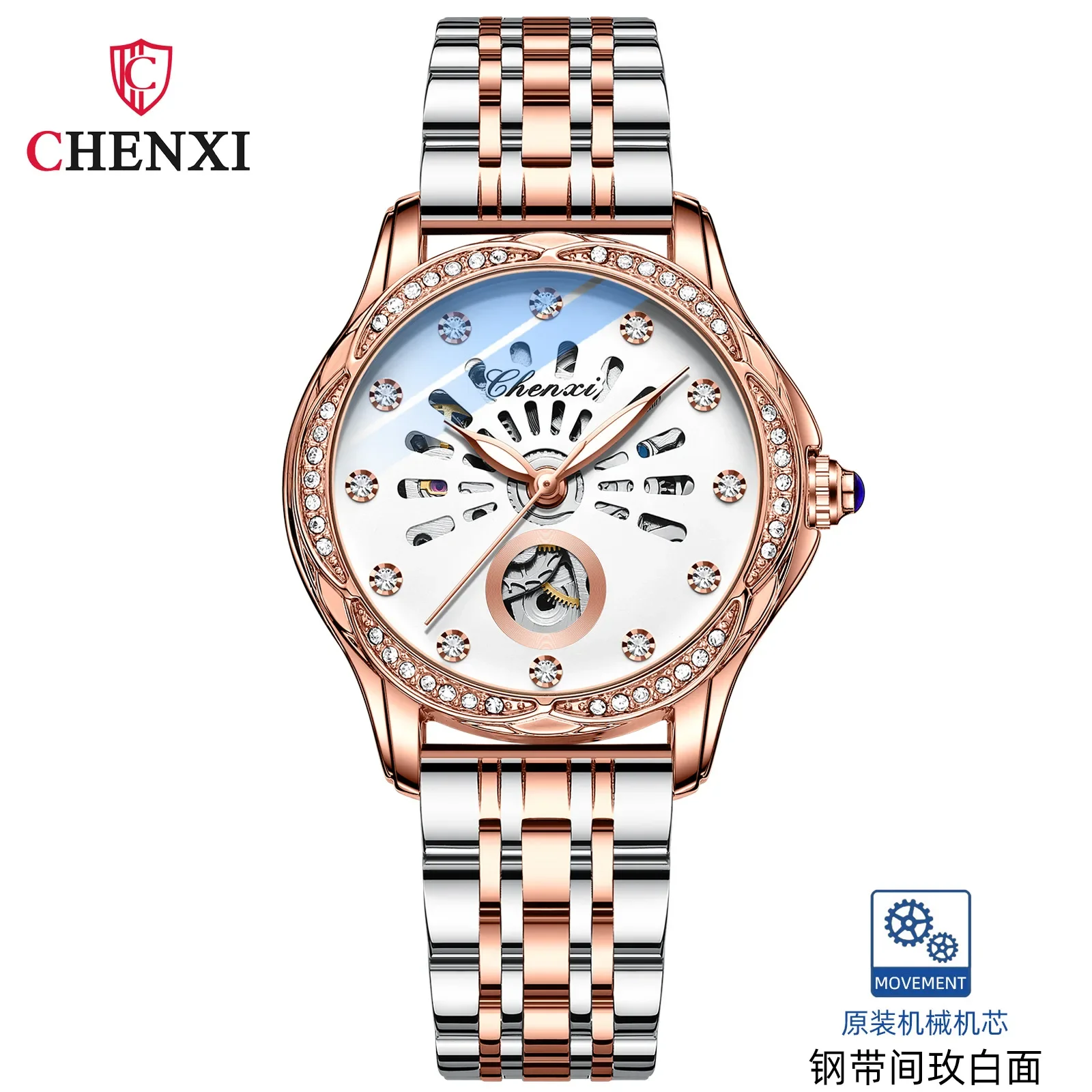 Women's Mechanical Watch Automatic Trend Skeleton Mechanical Wrist Watch with Drilling Waterproof Luminous Ladies Luxury Woman