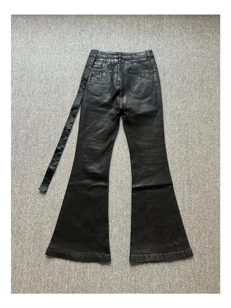 High Street Black RO Style Jean Pants Men 23ss Brushed Wax Coated High Elasticity Ribbon Wide Leg Slightly Flared Denim Pants