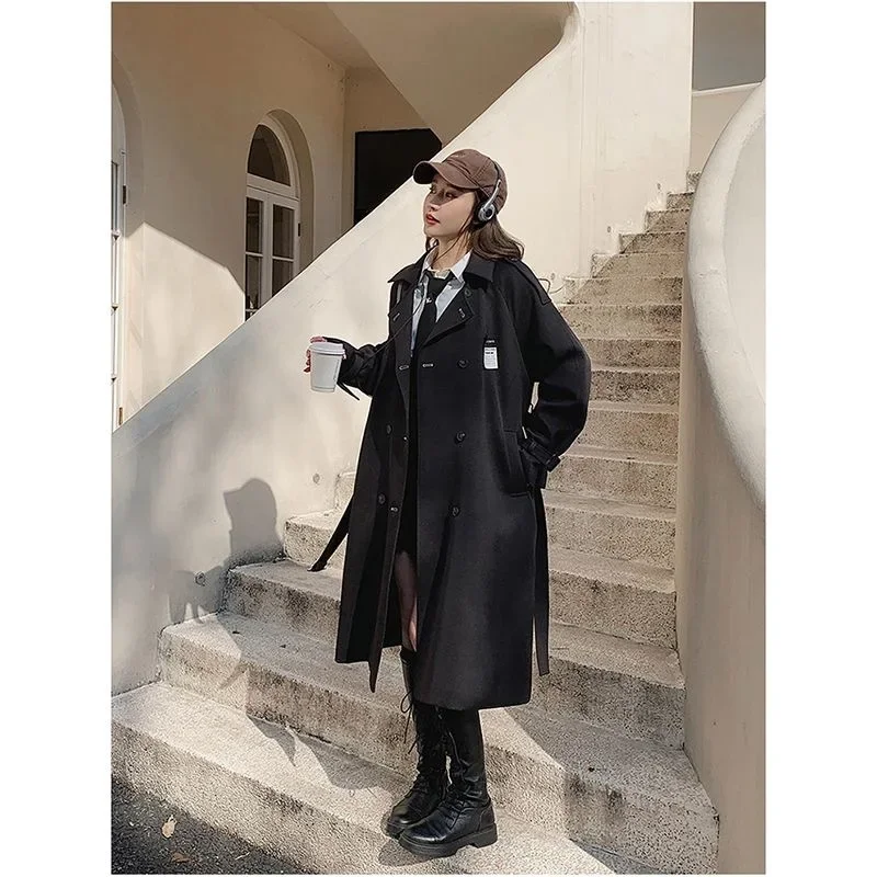 Stylish Medium-length Black Trench Jacket For Women 2024 Autumn/winter Korean Version Student Overcoat Petite Fashionable