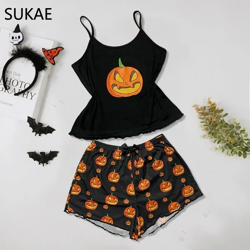 SUKAE Cute Halloween Gift Prumpkin Women Tank Top Shorts Nightie Spaghetti Strap Pajama Set Girl Sexy Lingerie Sleeveless Pijama