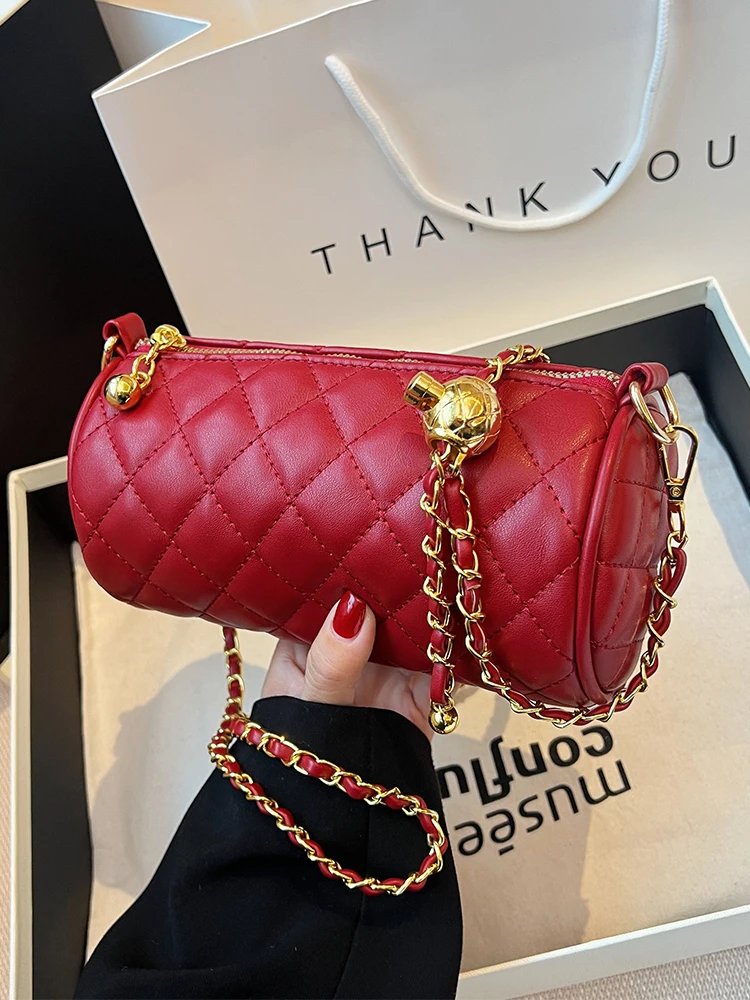 Elegant Red Chain Bag For Women Trend 2024 New Fashionable Advanced Single Shoulder Cylinder Bag Brand Crossbody Bucket Bag