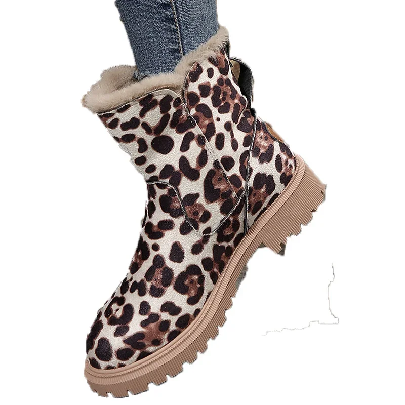 Ciepłe futrzane damskie zamszowe buty na średnim obcasie Casual Designer Leopard Femme Shoes Winter 2024 New Short Plush Walking Chelsea Boots