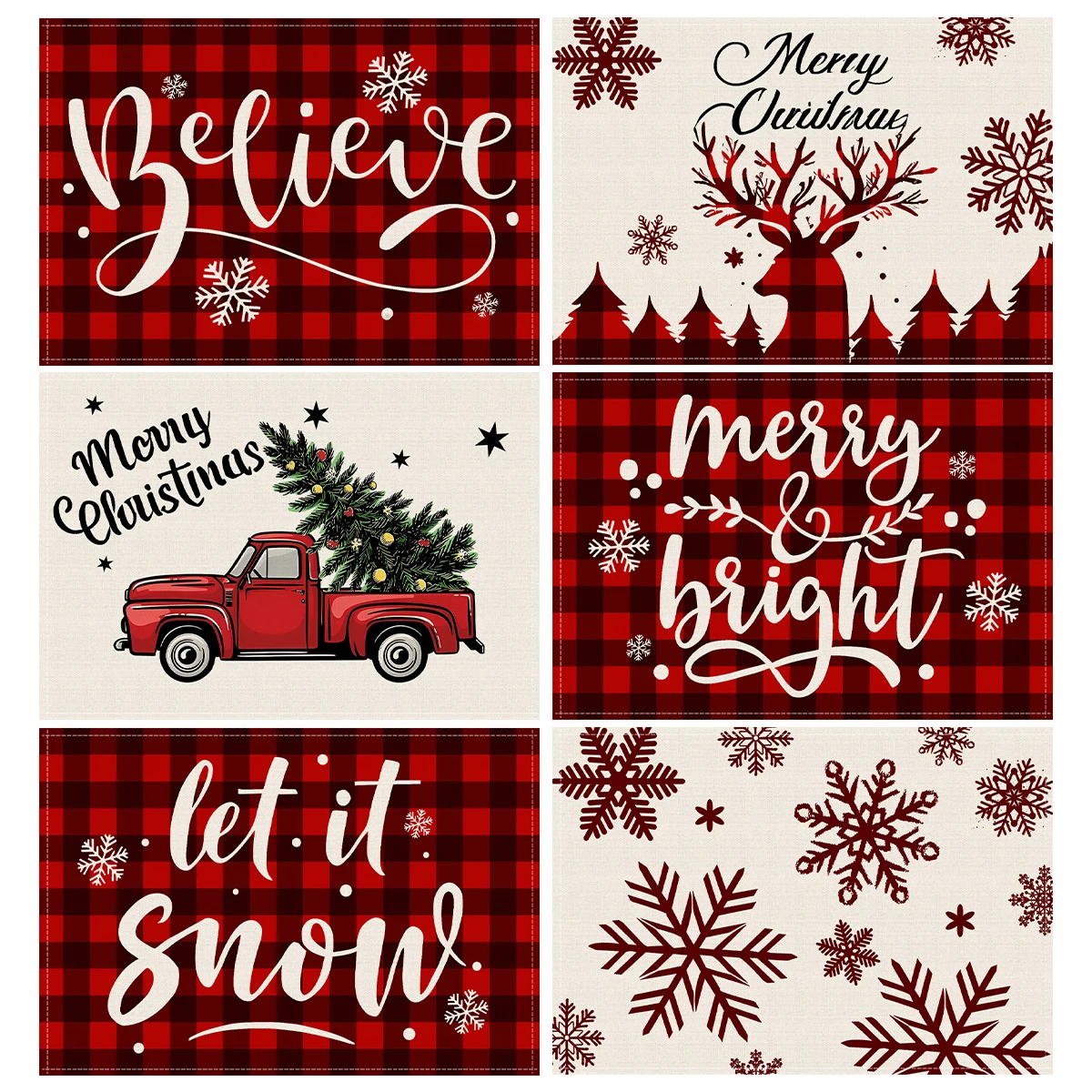 

1/4/6pcs Christmas red checkered and red truck patterned placemats, suitable for party decoration, restaurant, kitchen decoratio
