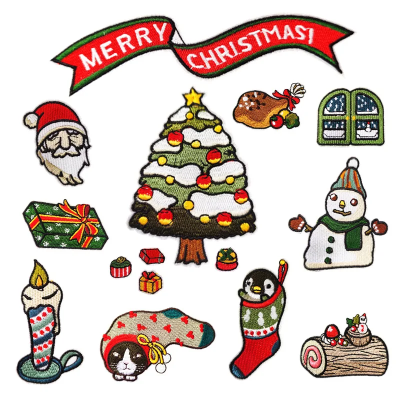 50pcs/Lot Luxury Embroidery Patch Merry Christmas Chick Window Gift Candy Box Snowman Candle Clothing Decoration Craft Applique