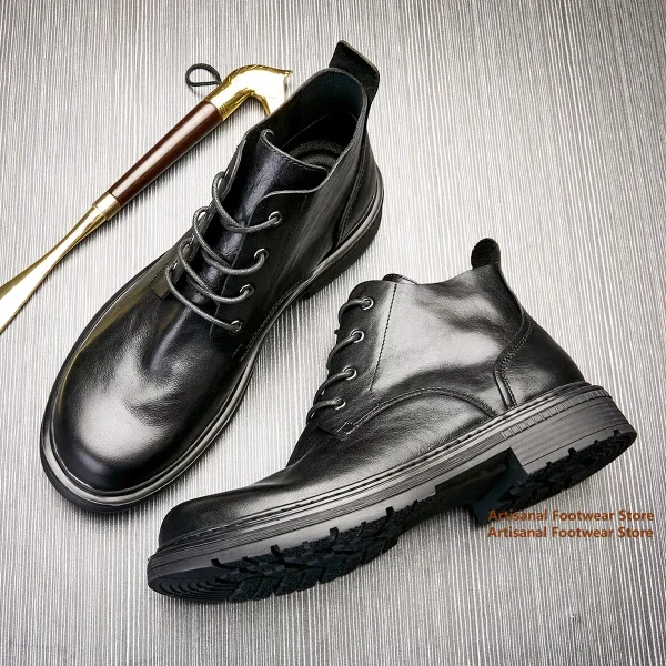 Autumn Black Leather Men's Boots British Style Mid-Top Leather Casual Shoes Thick-Soled High Top Trendy Handmade Men's Boots
