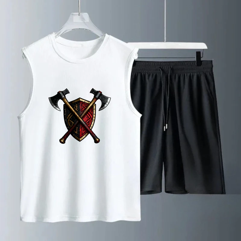 

Men's Tank top Sets Summe Fashion Breathable Polyester men's clothing Short Sleeve+ Shorts Suit for man sweat suit