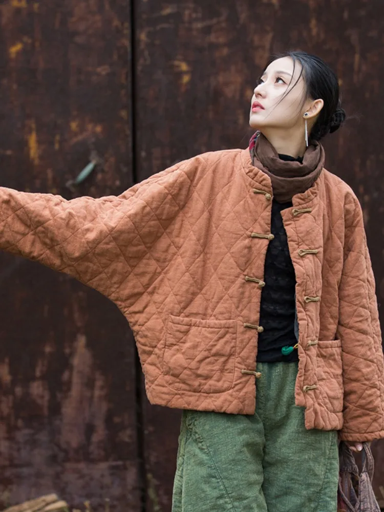 

Thickened Batwing Sleeve Tai Chi Zen Study Cotton Jacket Women's Winter Traditional Chinese Style Coat with Button Closure ...